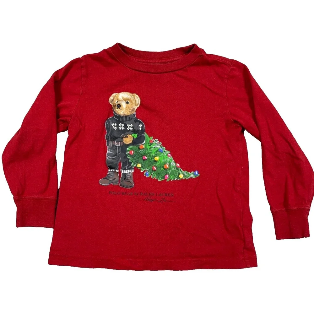 Polo‎ Ralph Lauren Shirt Baby Boys Size 3T Red Polo Bear Tee Christmas Kids *
